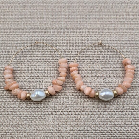 Jewelry - Gold Plated Peach Shell And Faux Pearl Large Hoop Earrings B970